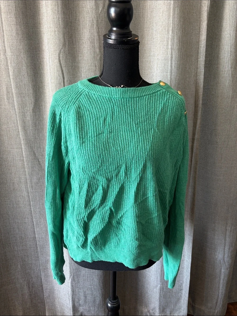 J. Crew Emerald Green Crewneck Sweater with Gold Shoulder Buttons
